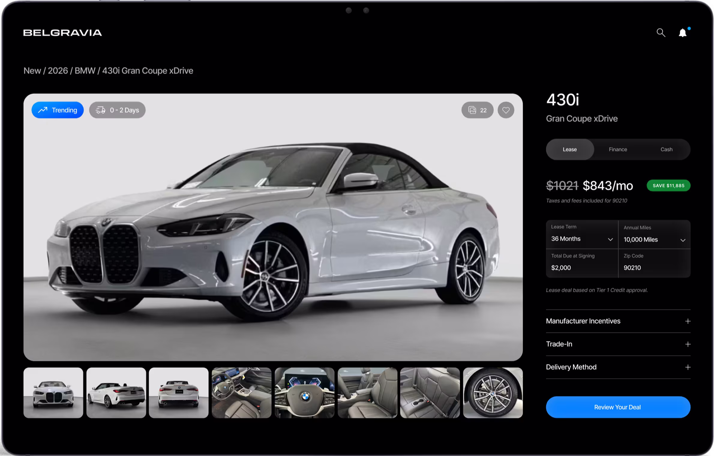 Belgravia vehicle detail view with instant lease, finance, and cash payment customization