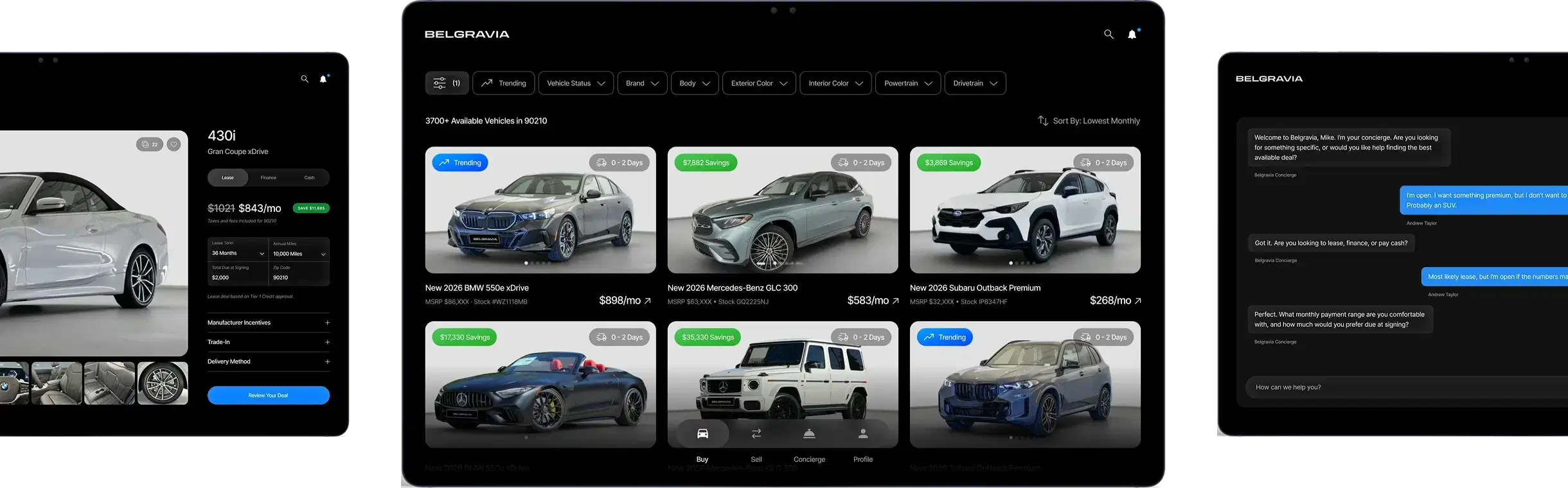 Belgravia private marketplace with vehicle inventory and payment customization